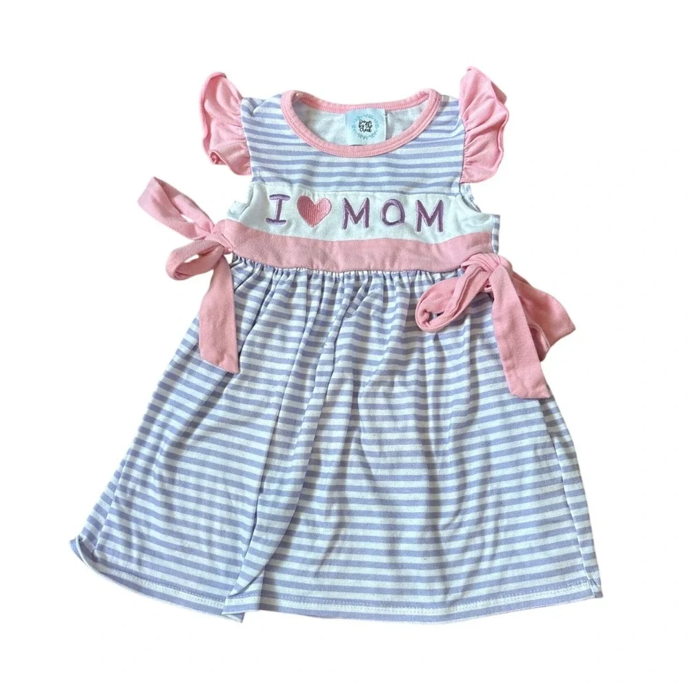 Down by the Creek Striped I Heart Mom Dress Kids Purple Pink Ruffle SIZE 6-12M